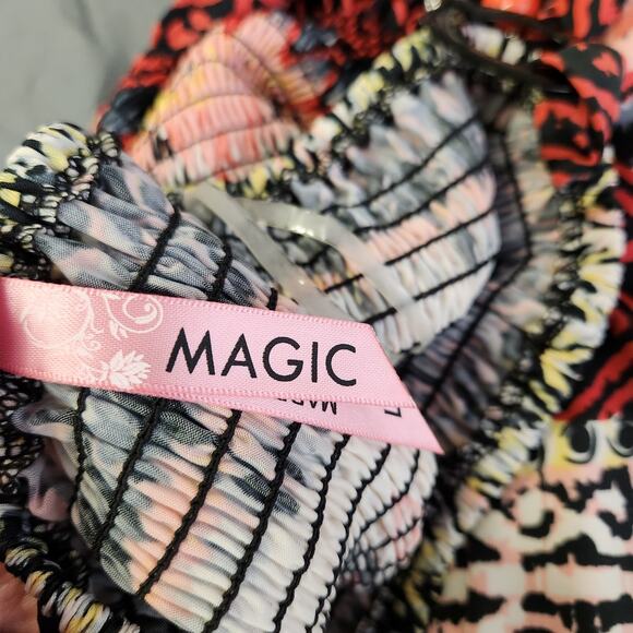 MAGIC Halter Maxi Dress Womens L Red Black Boho Beaded Tie Bow Summer Smocked - Picture 4 of 12